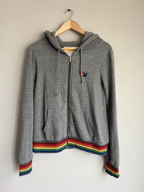 Aviator Nation Heather Gray Rainbow Rib Zip Hoodie - Size S